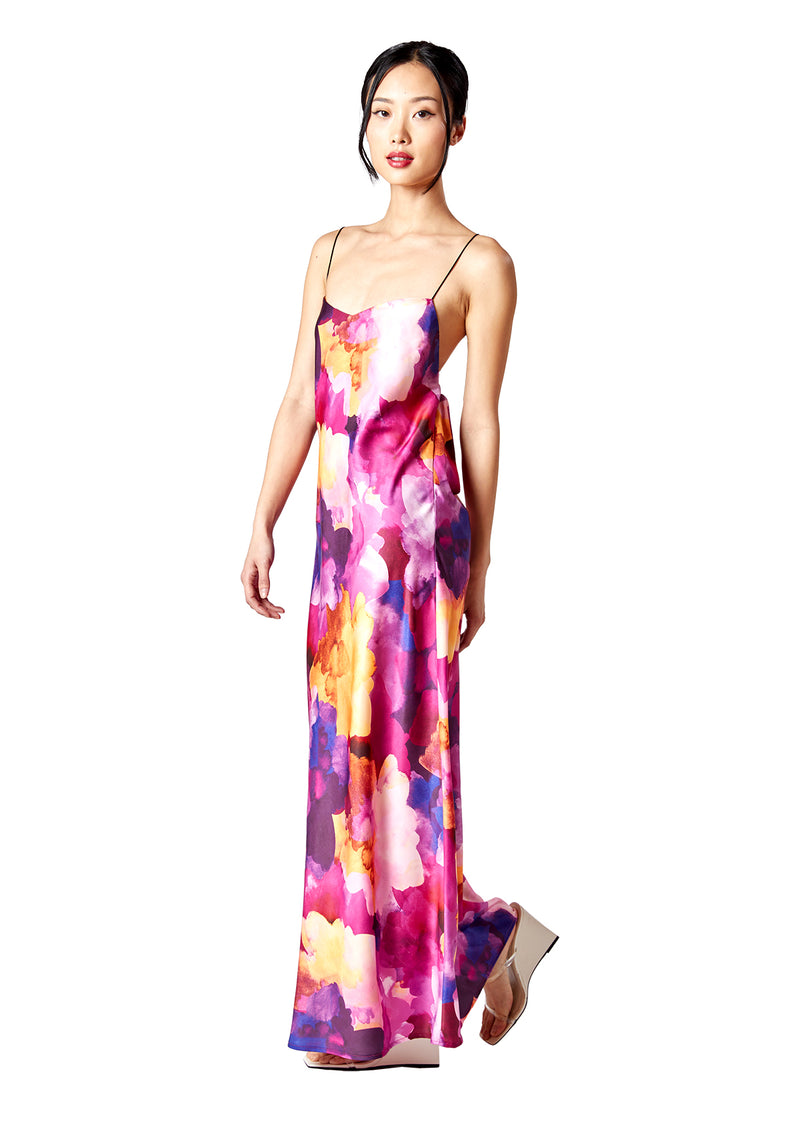 Silky Watercolor Bias-Cut Maxi Dress