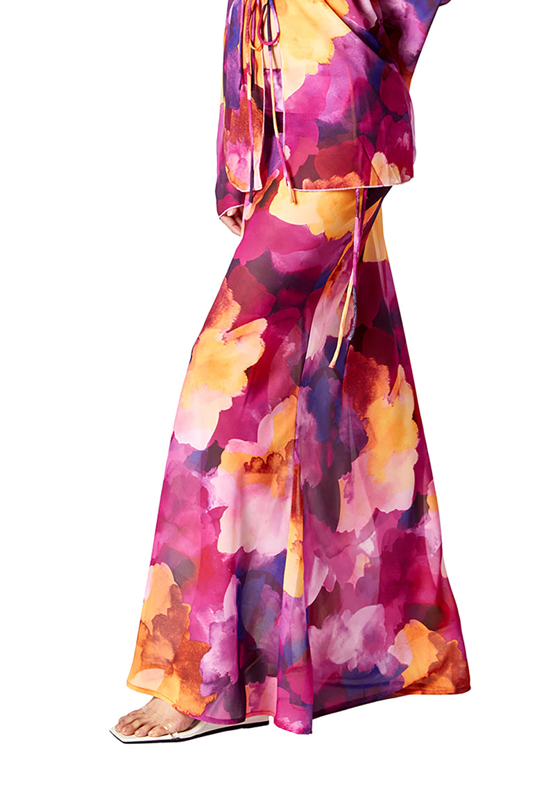 Chiffon Watercolor Floral Maxi Skirt with Ties