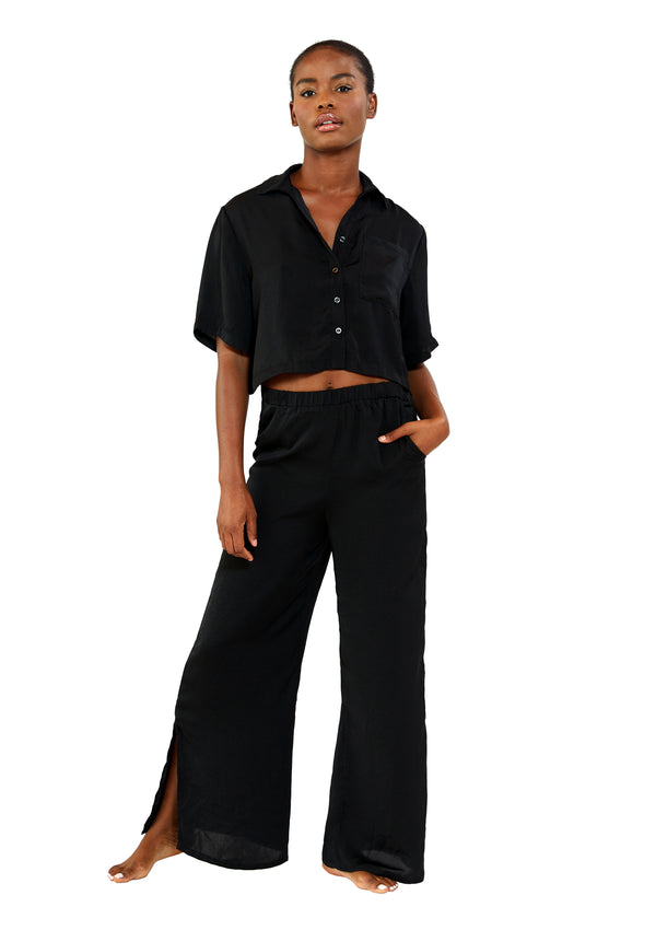 Faux Silk Crop Top + Wide Leg with Slit