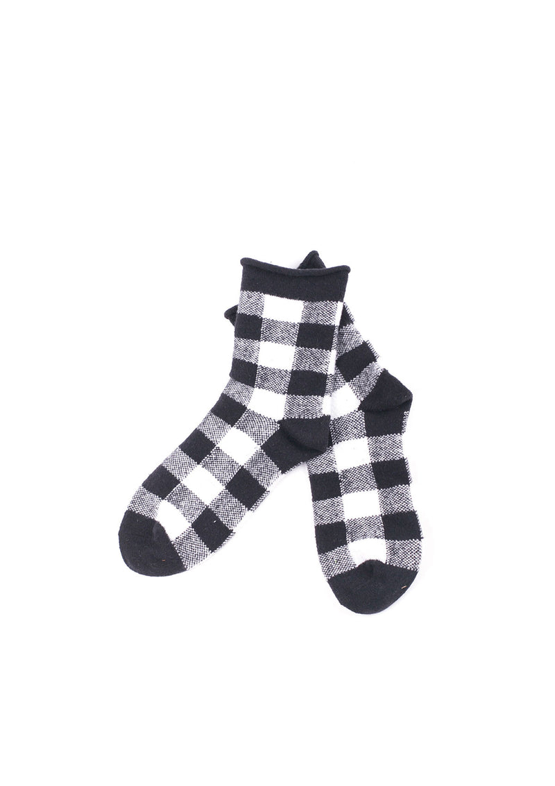 Black/White Plaid Thin Rolled Fleece Socks