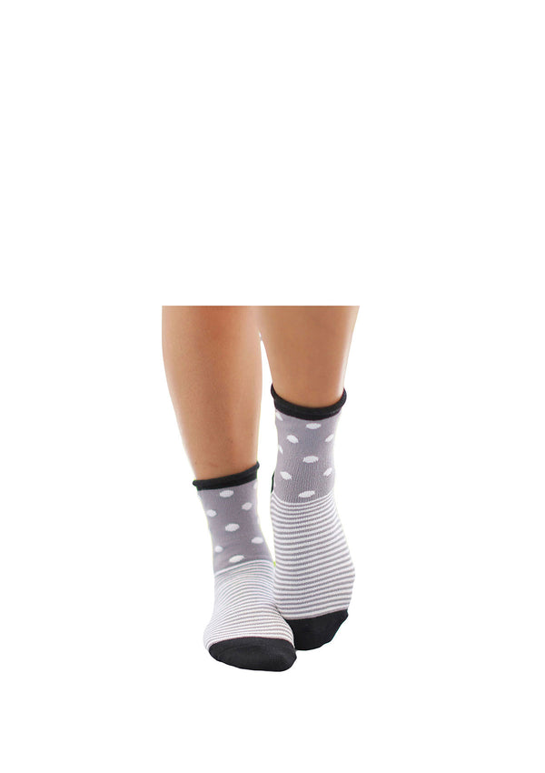 Grey Striped/Dot Thin Rolled Fleece Socks