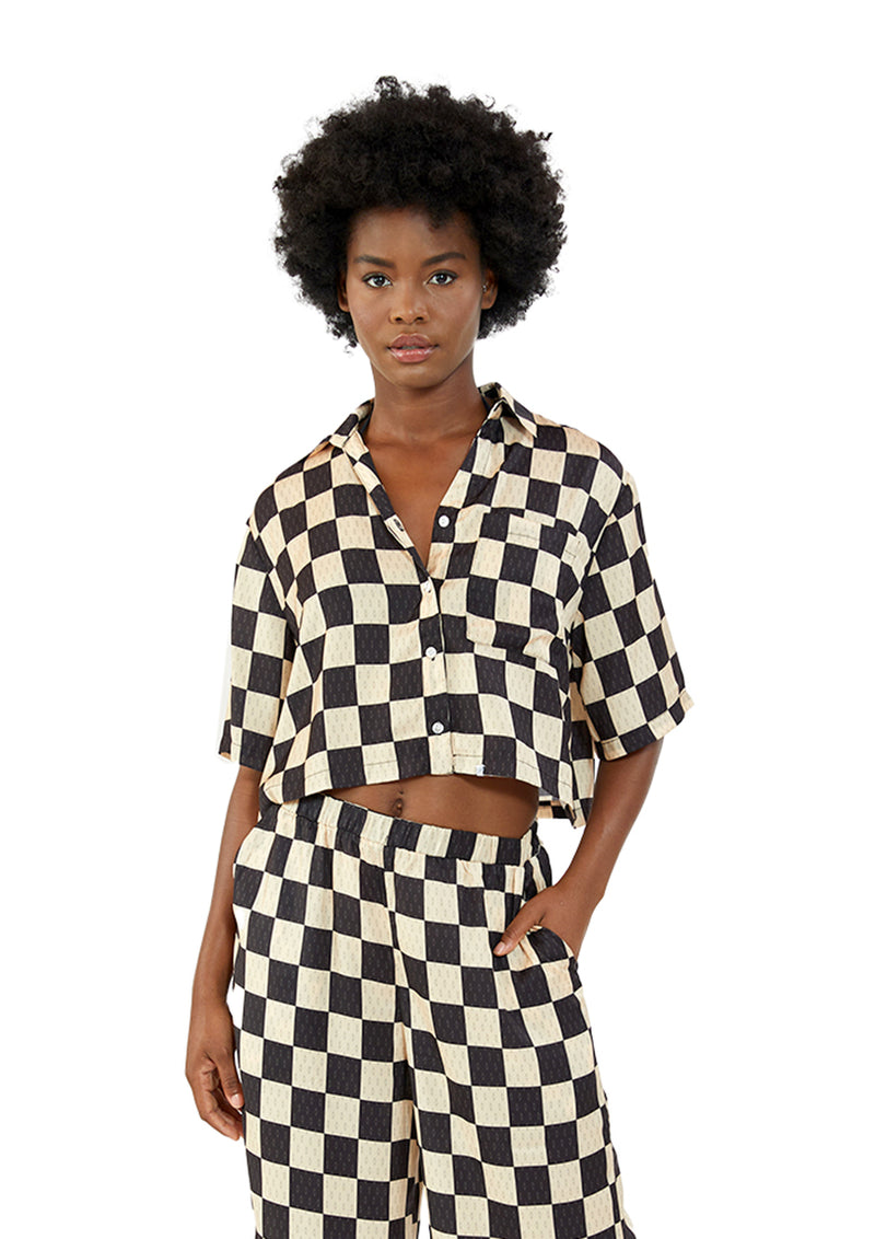 Silky Checker Crop Top + Wide-Leg Pants with Slit